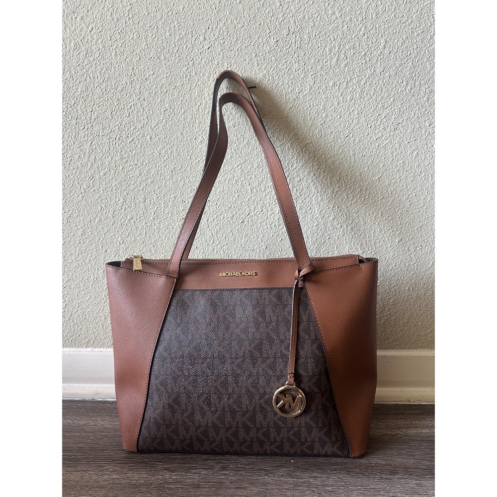 Michael Kors Maddie Brown Zip Monogram Shoulder Tote Handbag - MSRP $248